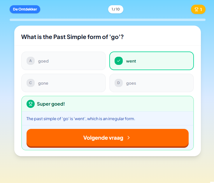 Een oefenvraag Engels in Checkie met directe feedback
