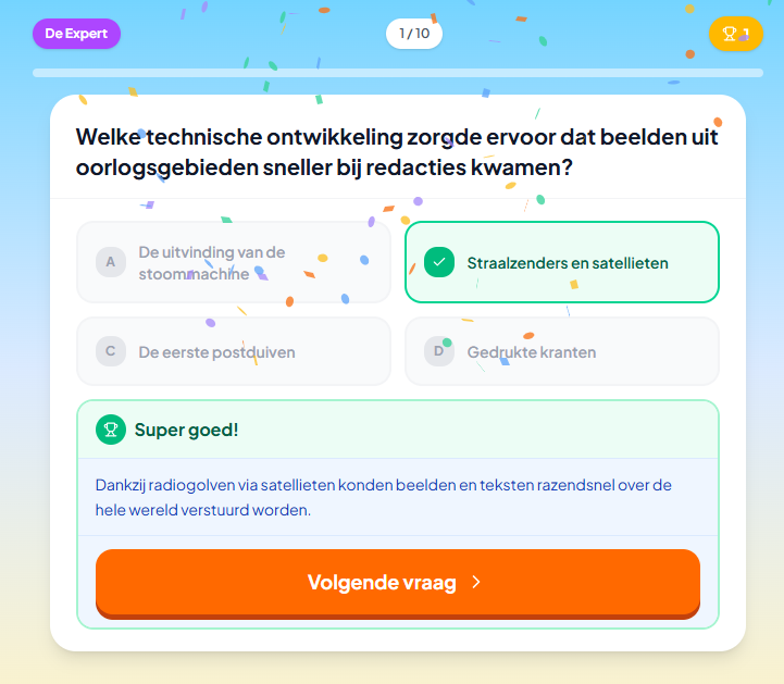 Een oefenvraag geschiedenis in Checkie met directe feedback